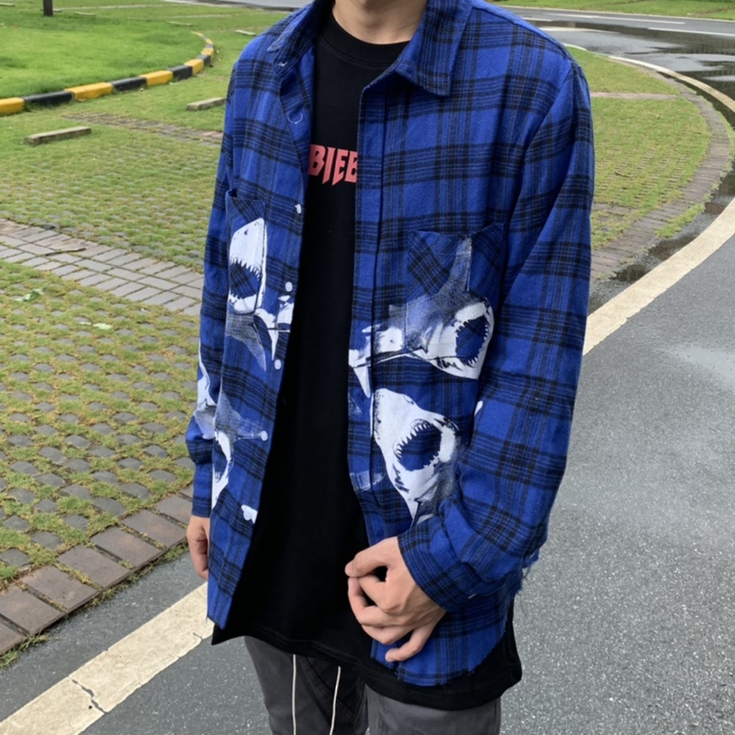 Áo Khoác Sơ Mi Dáng Rộng Họa Tiết Cá Mập Xanh Dương Phong Cách Retro Đường Phố Hàn Quốc Thời Trang Mùa Hè Dành Cho