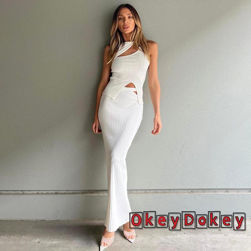 Set Đồ Mùa Hè 2 Món Gồm Áo Ba Lỗ Cắt Xẻ Màu Trơn + Chân Váy Dài Lưng Cao Ôm Dáng Cho Nữ