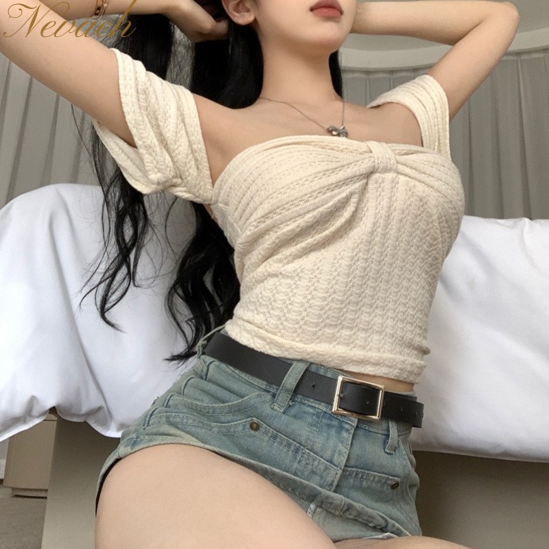 Áo Lửng Hở Vai Ôm Dáng Phối Nơ Xếp Ly Quyến Rũ Cho Nữ