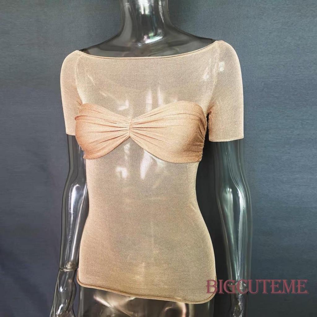 Áo Thun Ngắn Tay Trễ Vai Phối Lưới Thời Trang Mùa Hè Cho Nữ