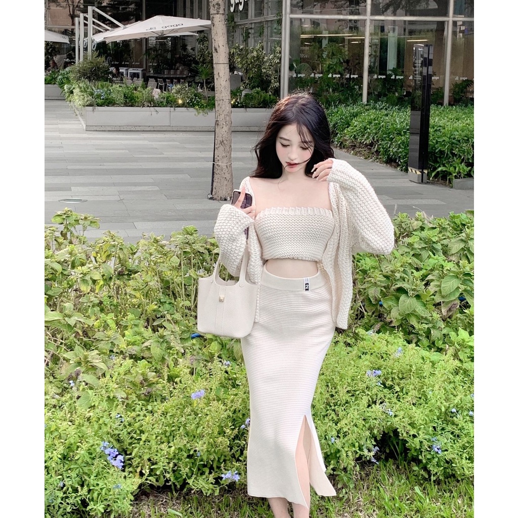 Áo Khoác Cardigan Dệt Kim Mềm Mại Dài Tay Dáng Rộng Phối Chân Váy Xẻ Tà Thời Trang Mùa Thu Cho Nữ