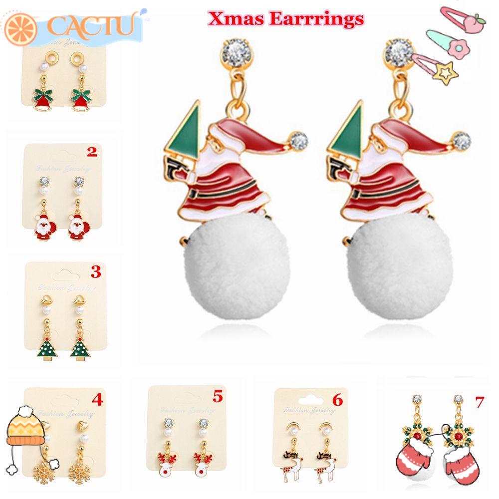 CACTU Khuyên Tai Kim Loại Mạ Vàng Đính Đá Nhân Tạo Phong Cách Giáng Sinh Thời Trang