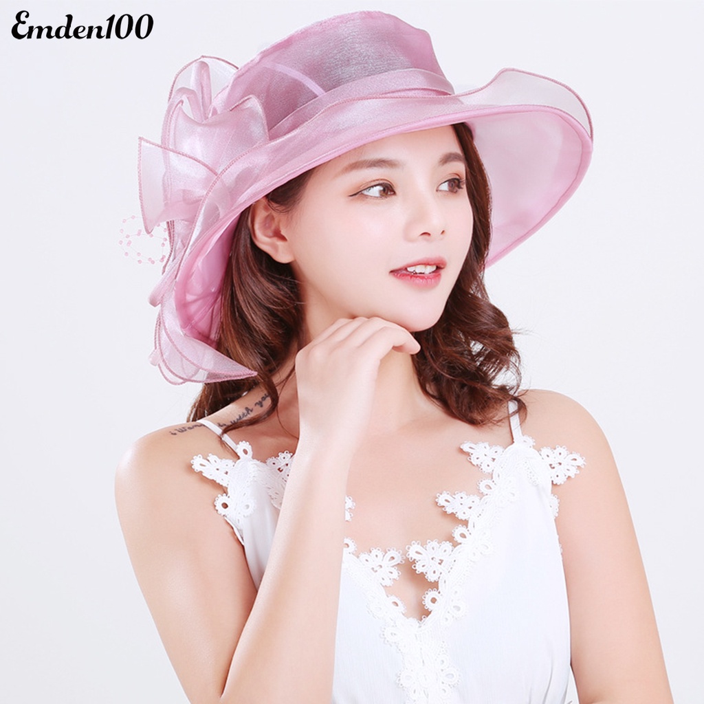 Mũ Vành Rộng Chống Nắng Đính Hoa Phối Lưới Thời Trang Đi Biển Cho Nữ