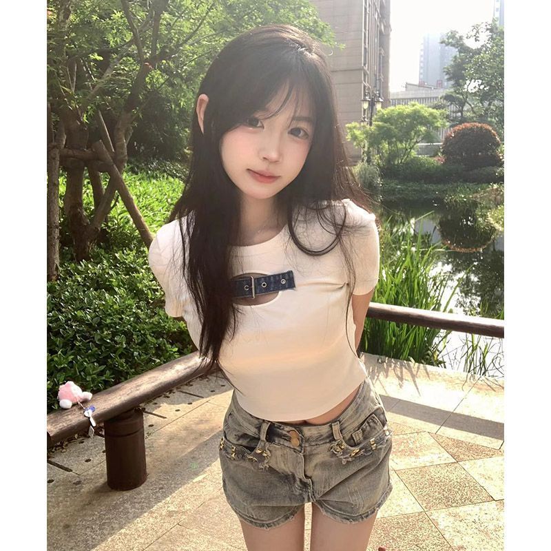 Áo Denim Ngắn Tay Ôm Dáng Phối Nút Thời Trang Hàn Quốc Dành Cho Nữ