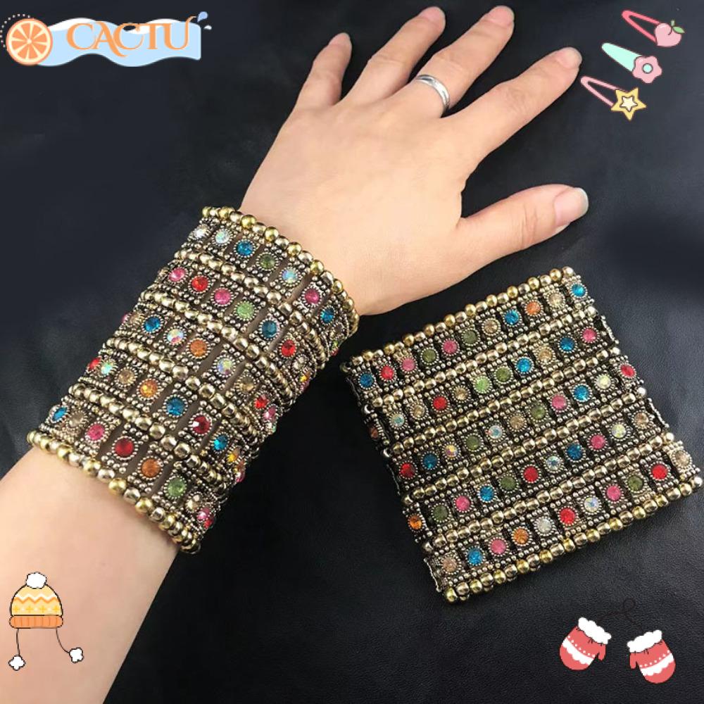 CACTU Vòng Tay Bản Rộng Co Giãn Đính Hạt Pha Lê Cổ Điển