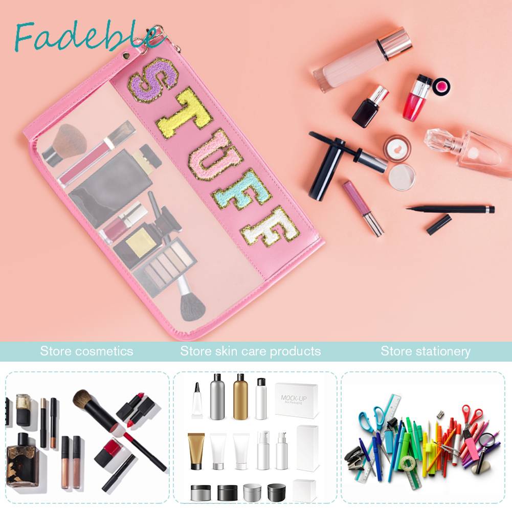 Túi Đựng Mỹ Phẩm Bằng PVC Chenille Trong Suốt In Chữ Có Khóa Kéo Tiện Dụng Mang Theo Du Lịch