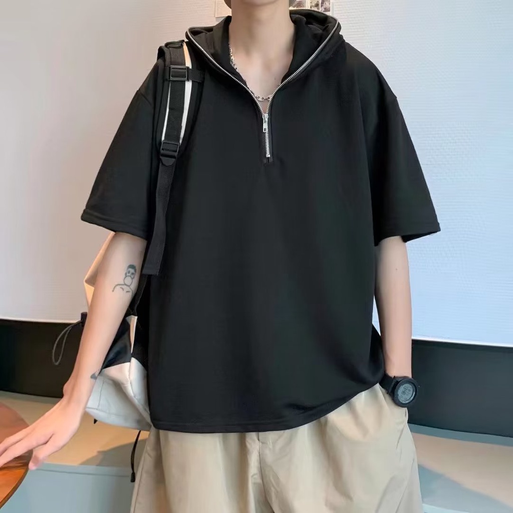 Áo Hoodie Tay Lửng Màu Trơn Phối Khóa Kéo Thời Trang Mùa Hè Trẻ Trung Dành Cho Nam