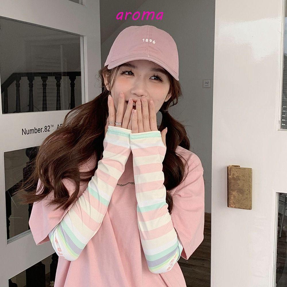 AROMA Găng Tay Chống Nắng Tia UV Bằng Lụa Lạnh Thoáng Khí In Họa Tiết Sọc Cầu Vồng Dễ Thương