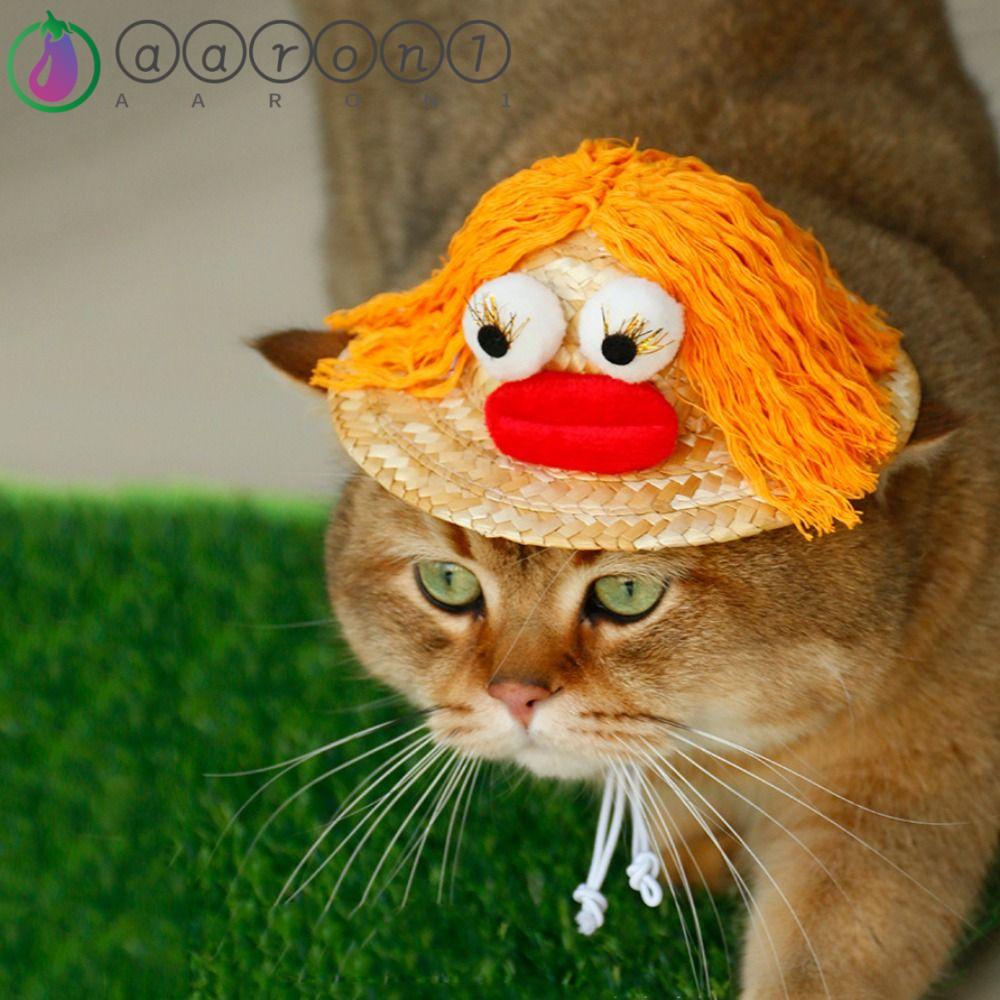 AARON1 Mũ Rơm Bện Bằng Tay Có Thể Điều Chỉnh Trang Trí Cho Cún Cưng