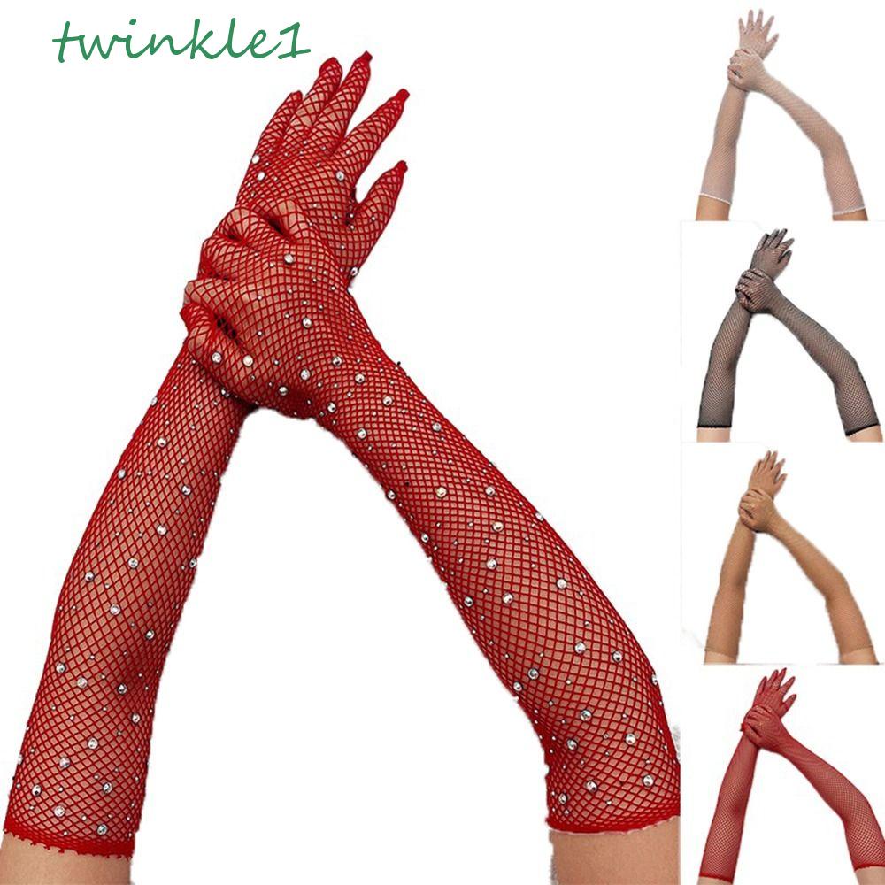 TWINKLE Găng Tay Lưới Mỏng Đính Đá Hóa Trang Phong Cách Gothic Punk