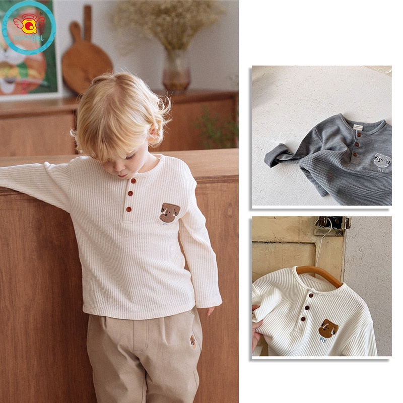 Áo Thun Tay Dài Cổ Tròn Thêu Hình Bánh waffle Thời Trang Xuân Thu Cho Bé Trai