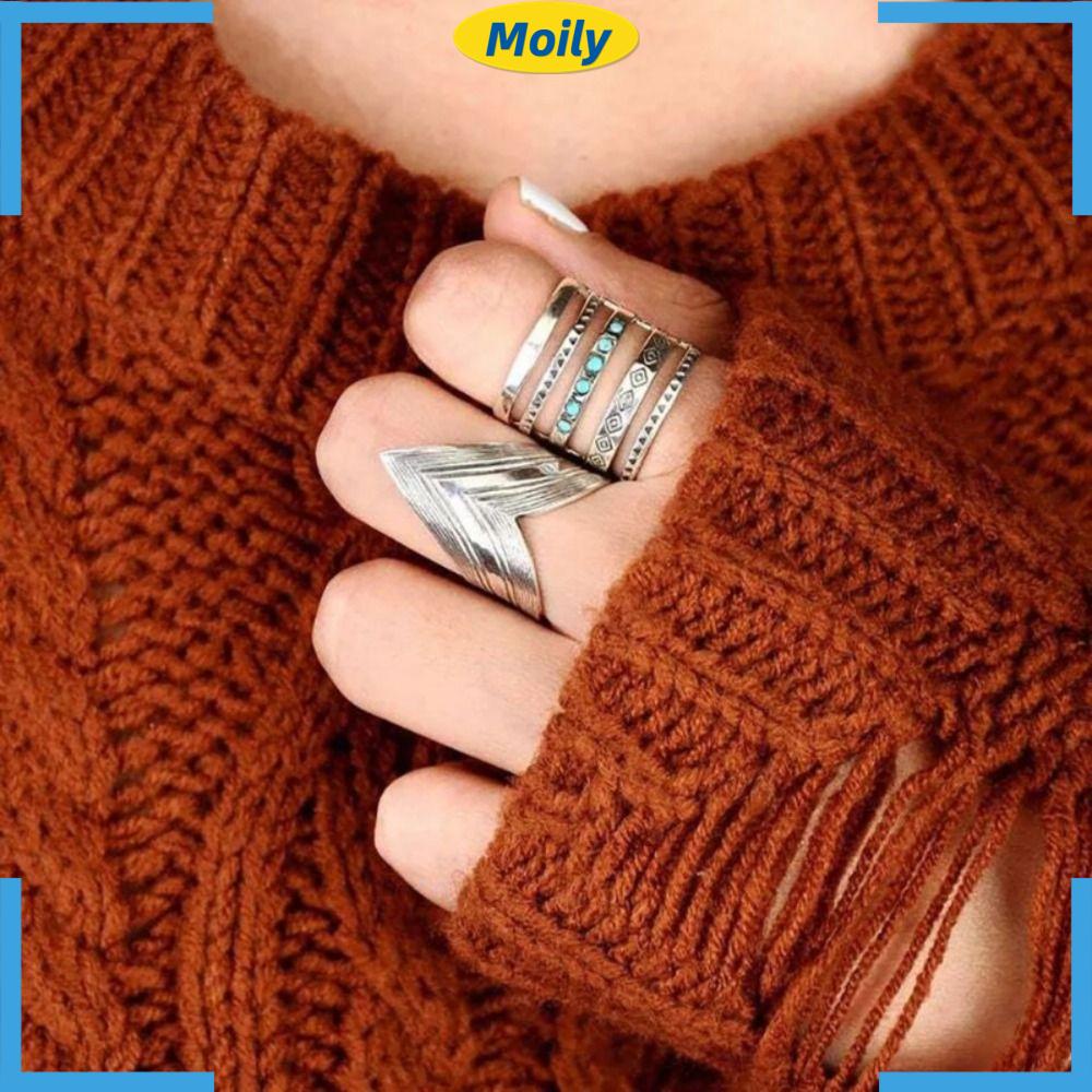 MOILYVN Set 2 Nhẫn Hở Chạm Khắc Đính Đá Ngọc Lam Phong Cách Bohemian Thanh Lịch Cho Nữ