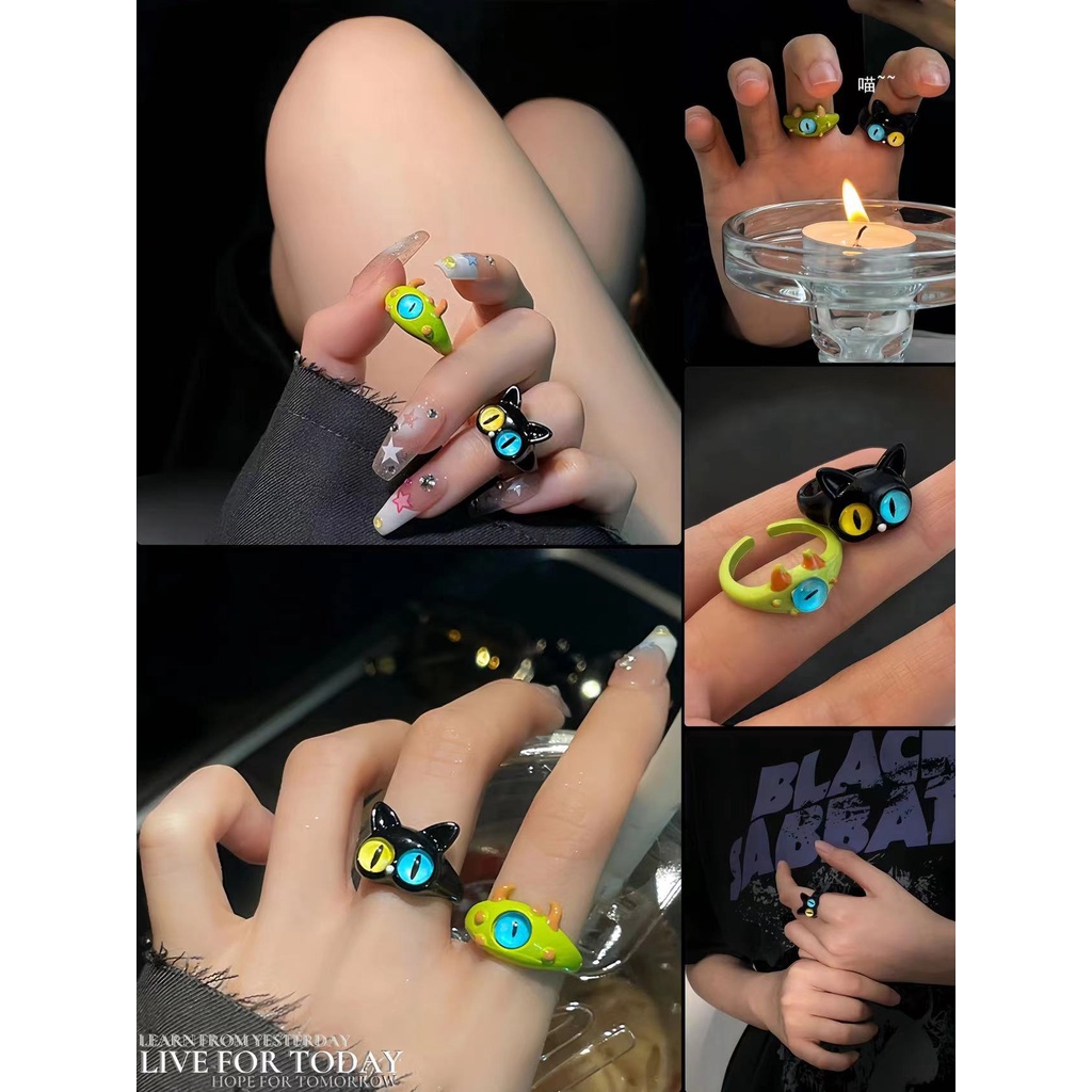 Popkozzi Nhẫn Hình Mèo Đen Mắt To Có Thể Điều Chỉnh Cho Nữ