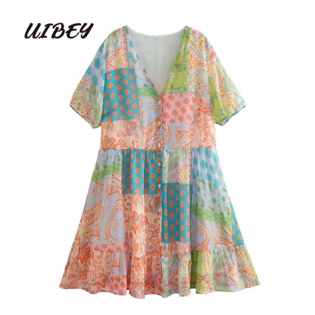 Uibey Đầm Tay Ngắn Cổ Chữ V In Họa Tiết Cài Một Hàng Nút Thời Trang 4233