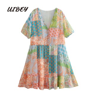 Uibey Đầm Tay Ngắn Cổ Chữ V In Họa Tiết Cài Một Hàng Nút Thời Trang 4233