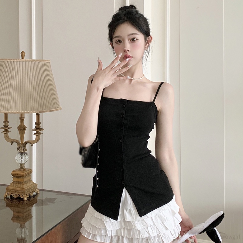 Áo Hai Dây Ôm Dáng Màu Trơn Đính Nút Phong Cách Retro Hàn Quốc Cho Nữ