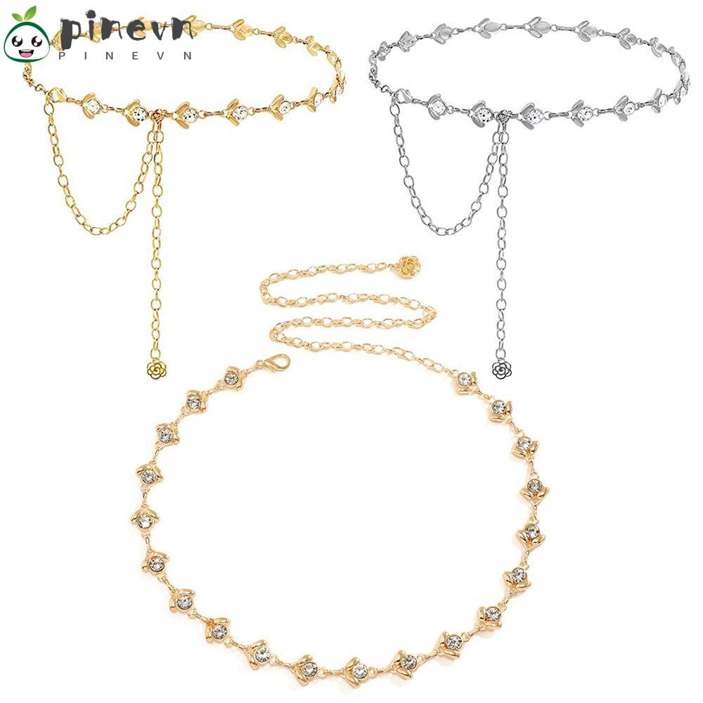 PINEVN Thắt Lưng Dây Xích Kim Loại Đính Đá Pha Lê Thời Trang Cho Nữ