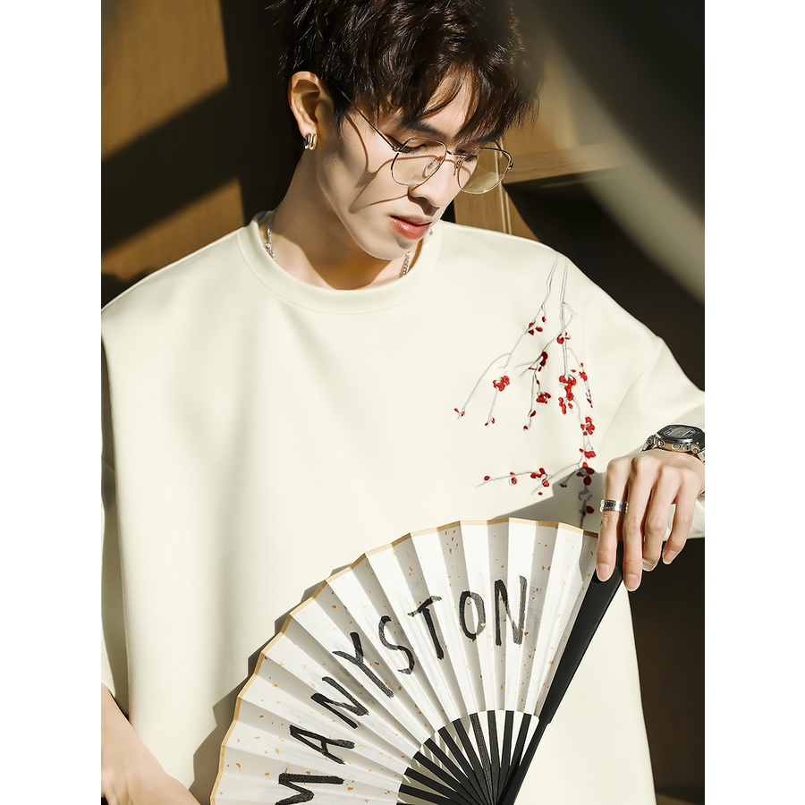 Áo Thun Da Lộn Ngắn Tay Thêu Họa Tiết Phong Cách Trung Hoa Thời Trang Mùa Hè Cho Nam