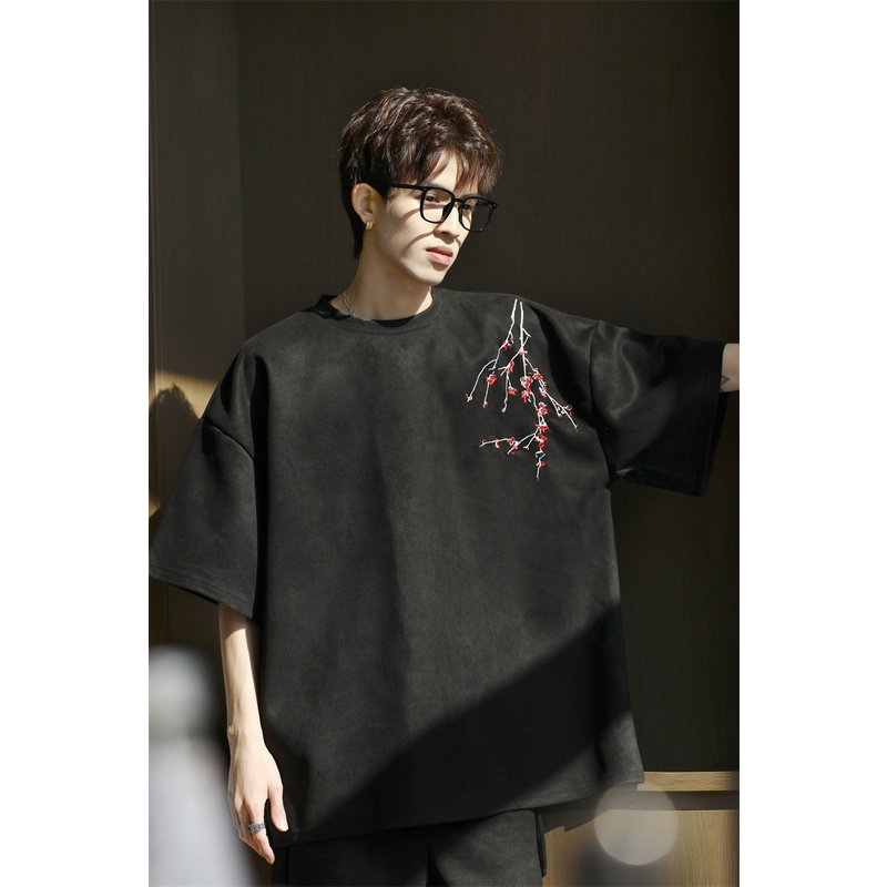 Áo Thun Da Lộn Ngắn Tay Thêu Họa Tiết Phong Cách Trung Hoa Thời Trang Mùa Hè Cho Nam