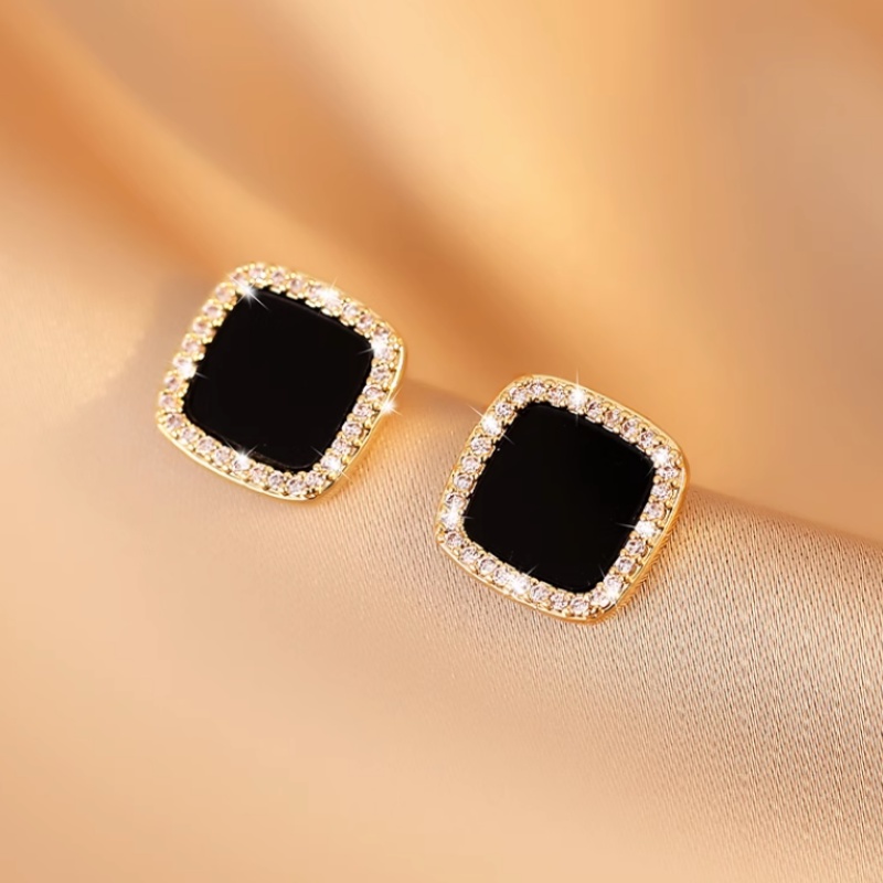 Bông Tai Mạ Bạc 925 Hình Vuông Đính Đá Pha Lê Đen Phong Cách Hàn Quốc Thời Trang Cho Nữ