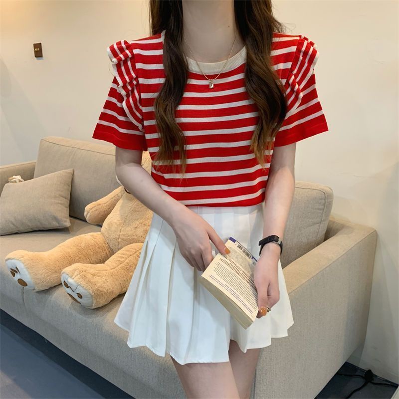 Áo Thun Tay Ngắn Cổ Tròn Họa Tiết Kẻ Sọc Thời Trang Mùa Hè 2023 Mới Cho Nữ