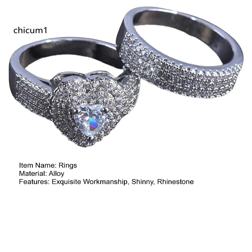 Set 2 Nhẫn Cưới Đính Đá Hình Trái Tim Sang Trọng