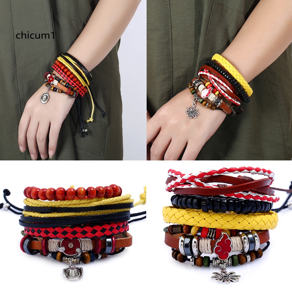 Set 4 Vòng Tay Da Nhiều Lớp Phong Cách Retro