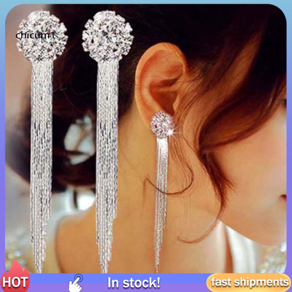 Khuyên Tai Dáng Dài Đính Đá Phối Tua Rua Thời Trang