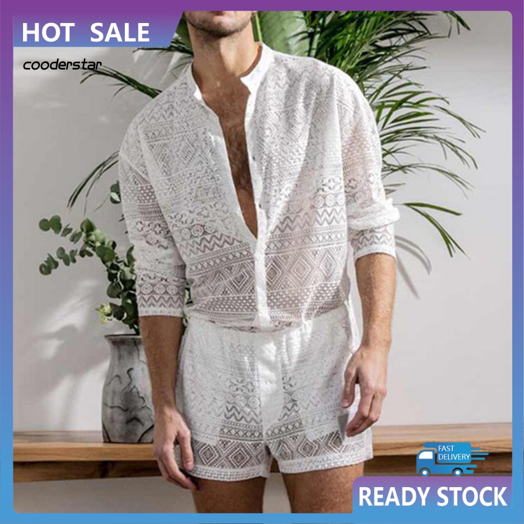 1 Bộ Áo Ren Lưới Xuyên Thấu Màu Trơn Phối Quần Short Thời Trang Mùa Thu Sang Trọng Cho Nam