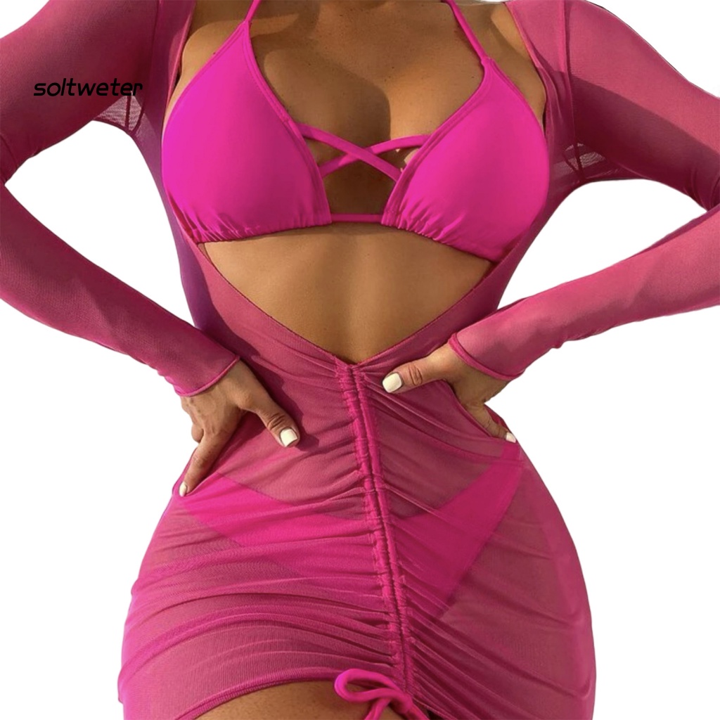 Bộ Đồ Bơi Bikini 3 Món Màu Trơn Hở Lưng Có Mút Đệm Quyến Rũ