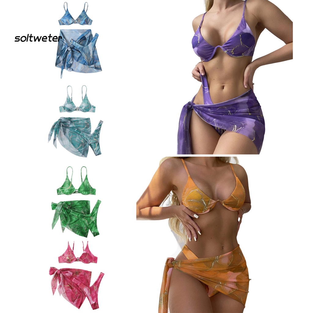 Bộ Đồ Bơi Bikini 3 Món Gồm Áo Cổ Chữ V In Họa Tiết Cẩm Thạch + Chân Váy Lưng Cao + Áo Hai Dây Nâng Ngực Gợi Cảm Cho Nữ