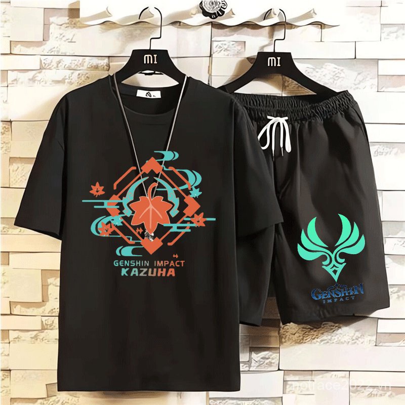 ★Genshin Impact★Hutao & Zhongli & Raiden Shogun Merchandise Set Áo Thun Ngắn Tay Và Quần Short Giản Dị Dành Cho Học Sinh