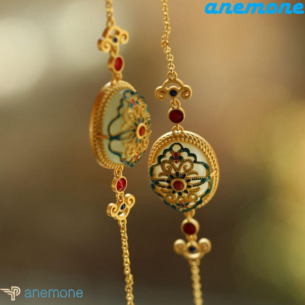 ANEMONE Vòng cổ Mặt Ngọc Bích Tráng Men Phối Tua Rua Phong Cách Trung Hoa Cổ Điển