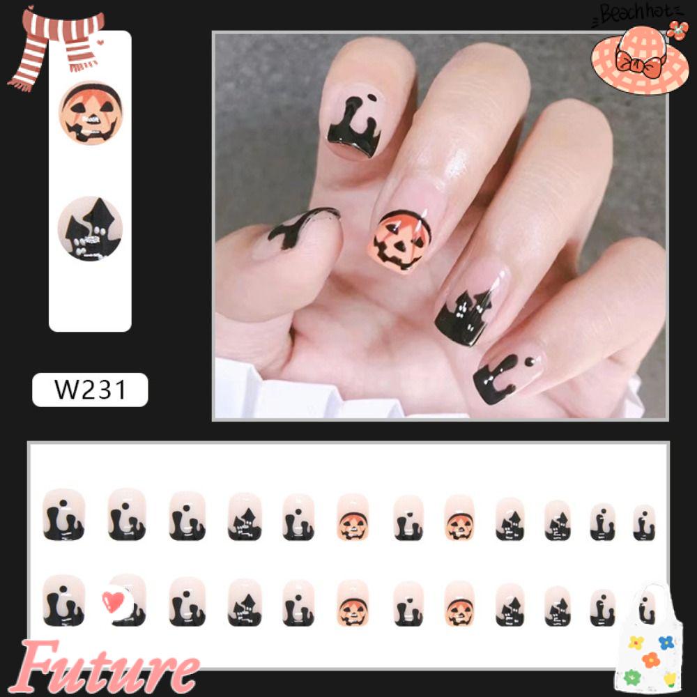 FUTURE Bộ 24 Móng Tay Giả Bí Ngô Che Phủ Toàn Diện Có Thể Tháo Rời Và Tái Sử Dụng Cho Nữ