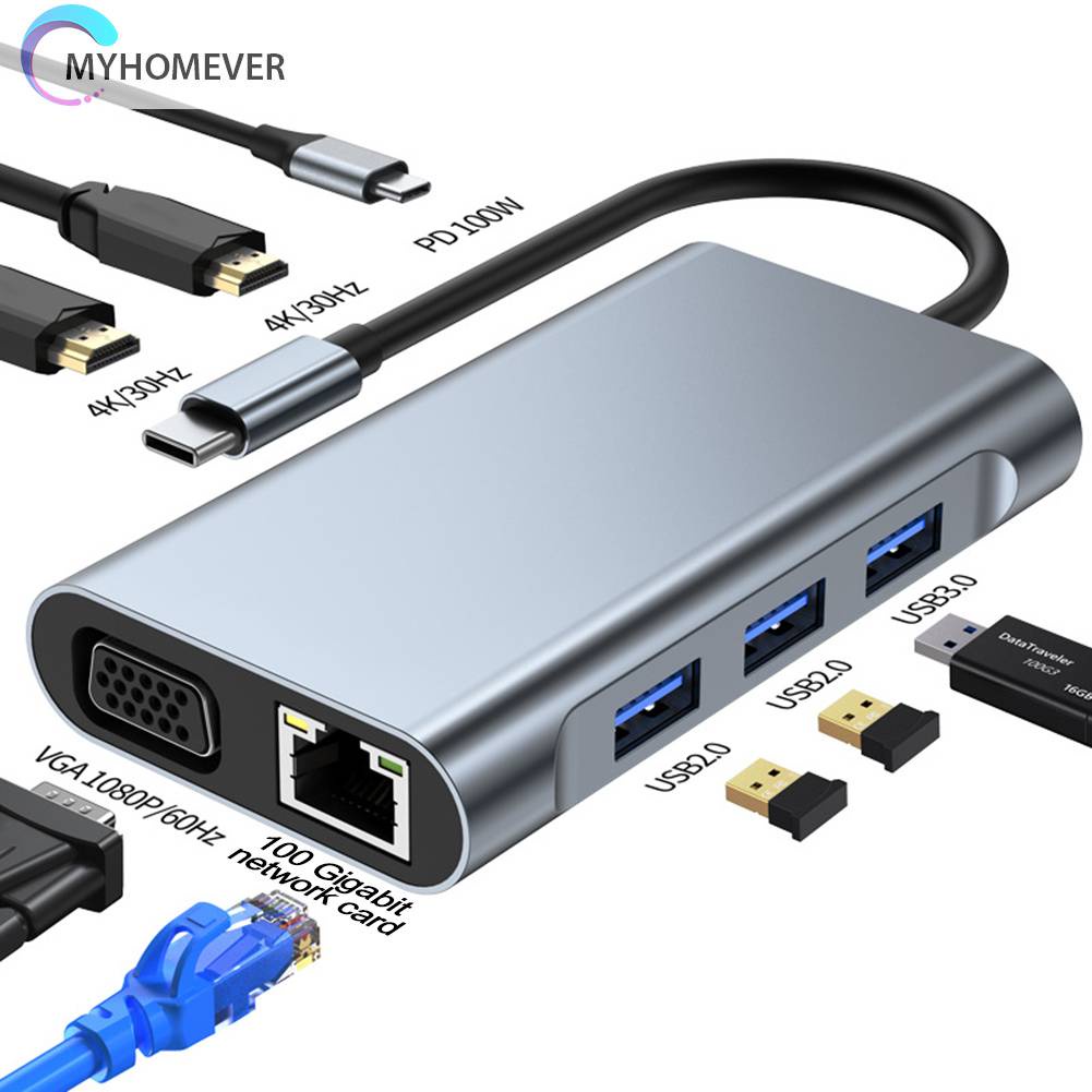 Bộ Chia Cổng Type-C 8 Trong 1 1080P 5GMbps 4K 30hz RJ45 100M 100W PD Chất Lượng Cao