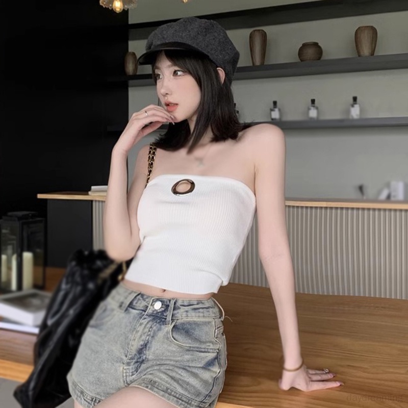 Áo Croptop Dệt Kim Dáng Ôm Thiết Kế Rách Kim Loại Thời Trang Quyến Rũ Cho Nữ