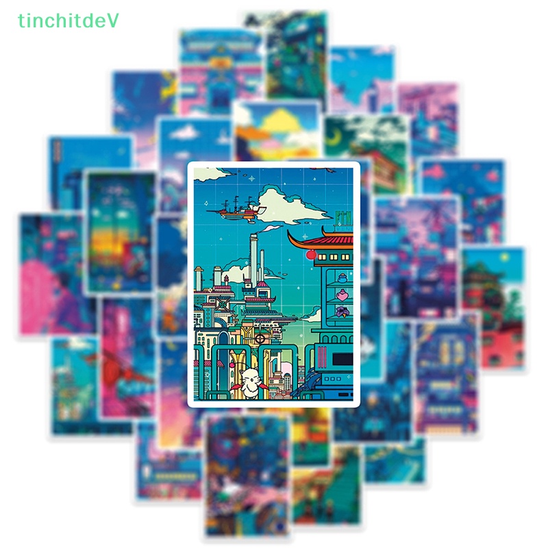 [TinchitdeV] Set 50 Miếng Dán Trang Trí Vali / Điện Thoại / Máy Tính Bảng Họa Tiết Phong Cảnh Đêm Graffiti DIY