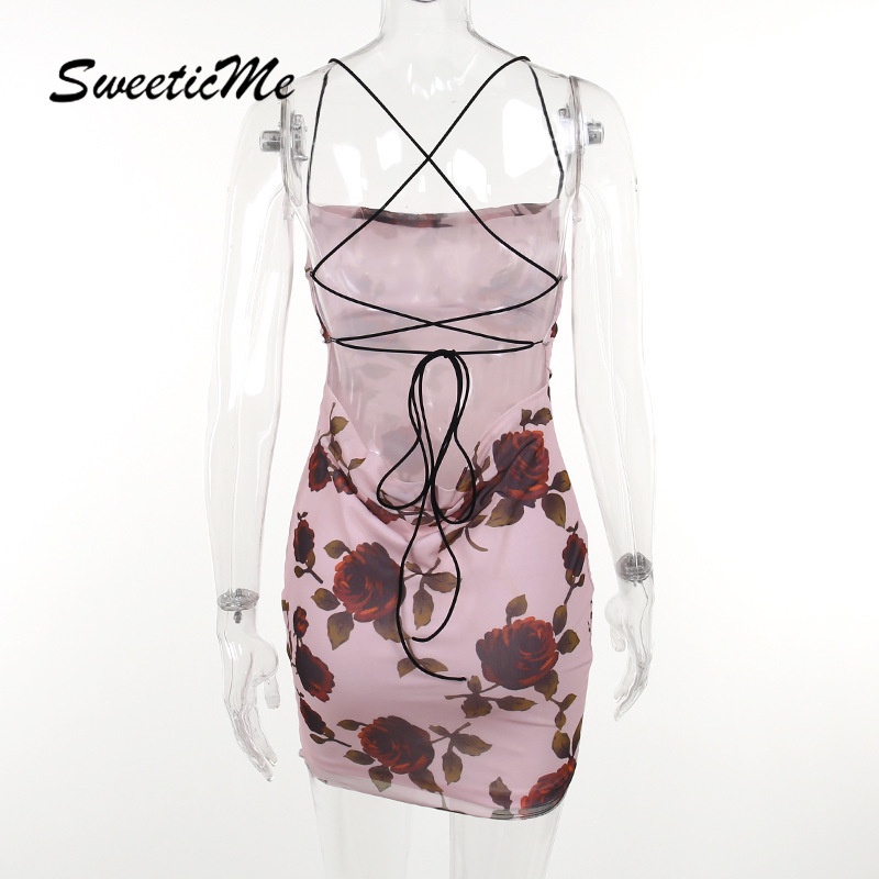 Đầm Ngắn Hở Lưng Dáng Ôm In Họa Tiết Hoa Thời Trang 2023 Cho Nữ