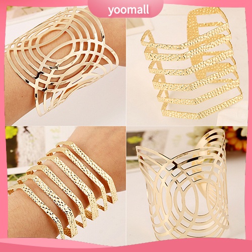 [YM] Hot Vòng Tay Dạng Hở Họa Tiết Hình Học Rỗng Màu Vàng / Bạc Phong Cách Punk Thời Trang Unisex