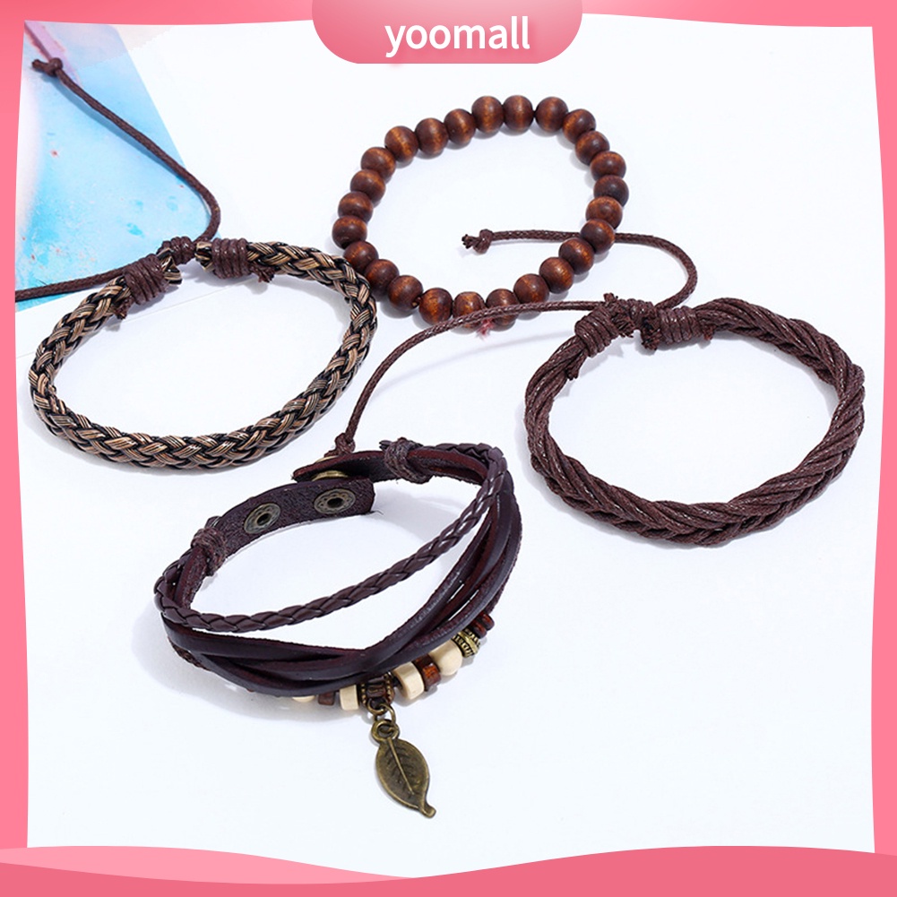 Bộ 4 Vòng Tay Giả Da Nhiều Lớp Họa Tiết Chiếc Lá Thời Trang Cho Nam