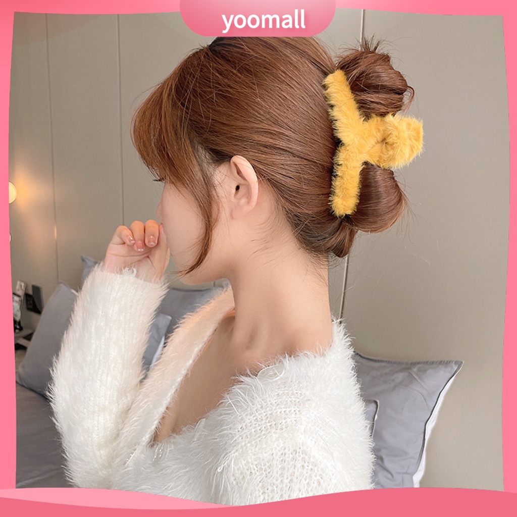 Kẹp Tóc Càng Cua Phủ Lông Màu Trơn Chống Trượt Thời Trang Thu Đông Cho Nữ