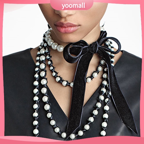 Vòng Cổ Choker Dây Nhung Thắt Nơ Đính Ngọc Trai Nhân Tạo Thời Trang