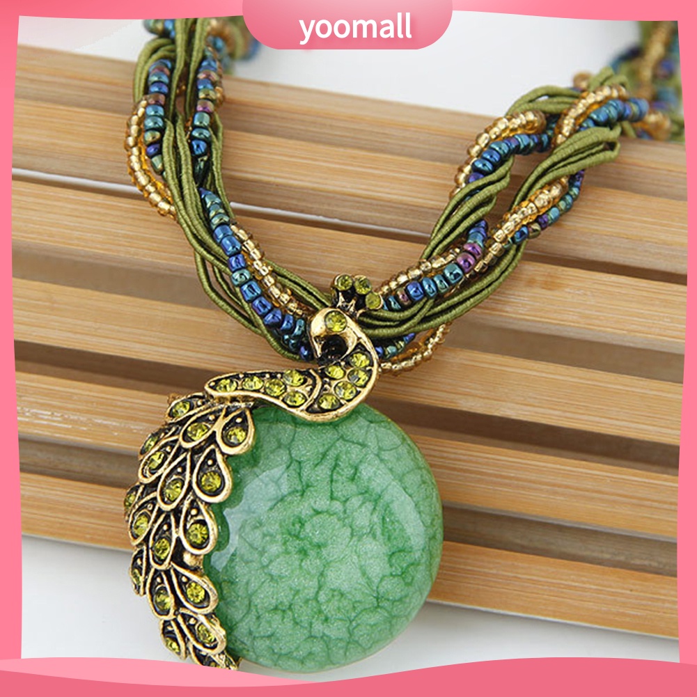 Vòng cổ Mặt Tròn Hình Chim Công Đính Đá Opal Nhân Tạo Phong Cách Bohemian