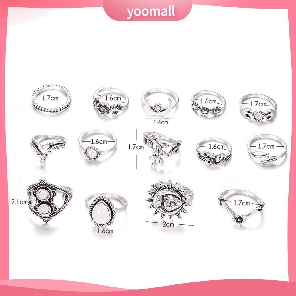 Bộ 14 Nhẫn Đeo Đốt Ngón Tay Họa Tiết Hoa Hướng Dương / Mặt Trăng Phong Cách Vintage Cho Nữ