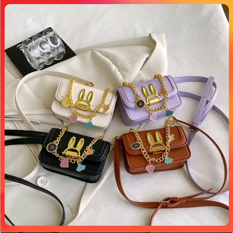 Túi xách nữ cầm tay, đeo chéo khoá tai thỏ 2 dây kèm charm size 17 cực xinh, kute