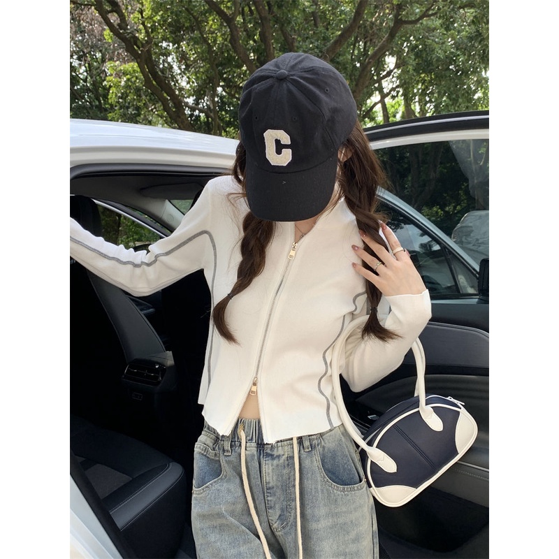 Áo Khoác Phối Khóa Kéo Đôi Màu Tương Phản Phong Cách Mỹ Cổ Điển Thời Trang Mùa Thu Cho