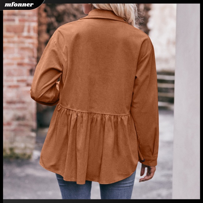 Áo Khoác Nhung Kẻ Tay Dài Màu Trơn Cài Nút Có Túi Dành Cho Nữ