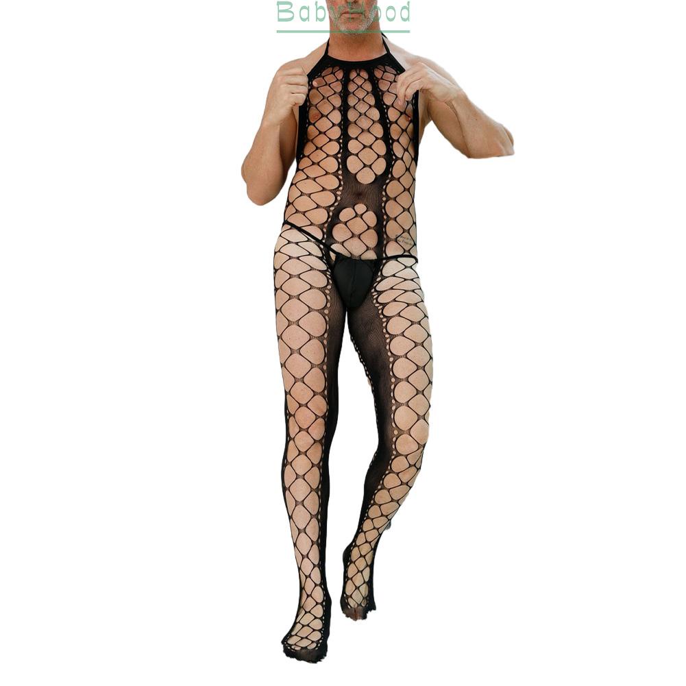 Alluring Men's Fishnet Pantyhose Slimming Black Bodysuit for Nighttime Adventure#BBHOOD