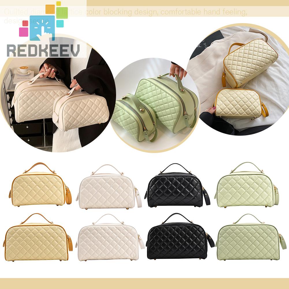 Túi Đựng Mỹ Phẩm Da PU Có Khóa Kéo Họa Tiết Kim Cương Sang Trọng Cho Nữ