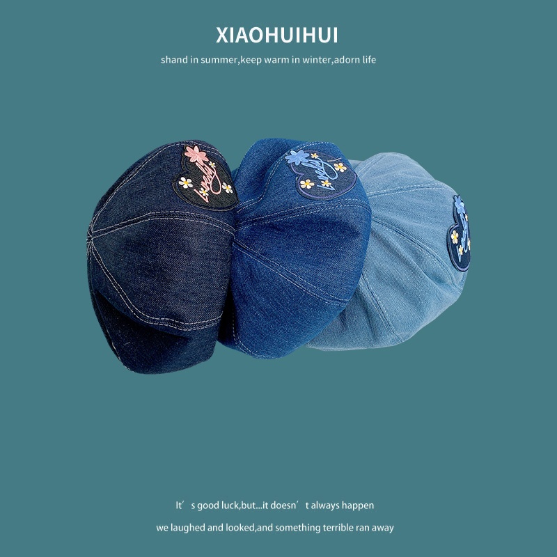 Mũ Beret Denim Mỏng Thêu Hình Trái Tim Phong Cách Hàn Quốc Ngọt Ngào Cho Nữ